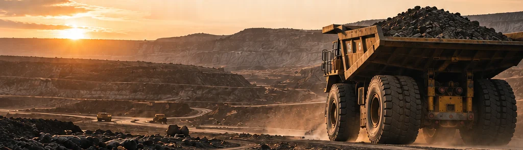A loaded haul truck driving out of an open-pit mine at sunset