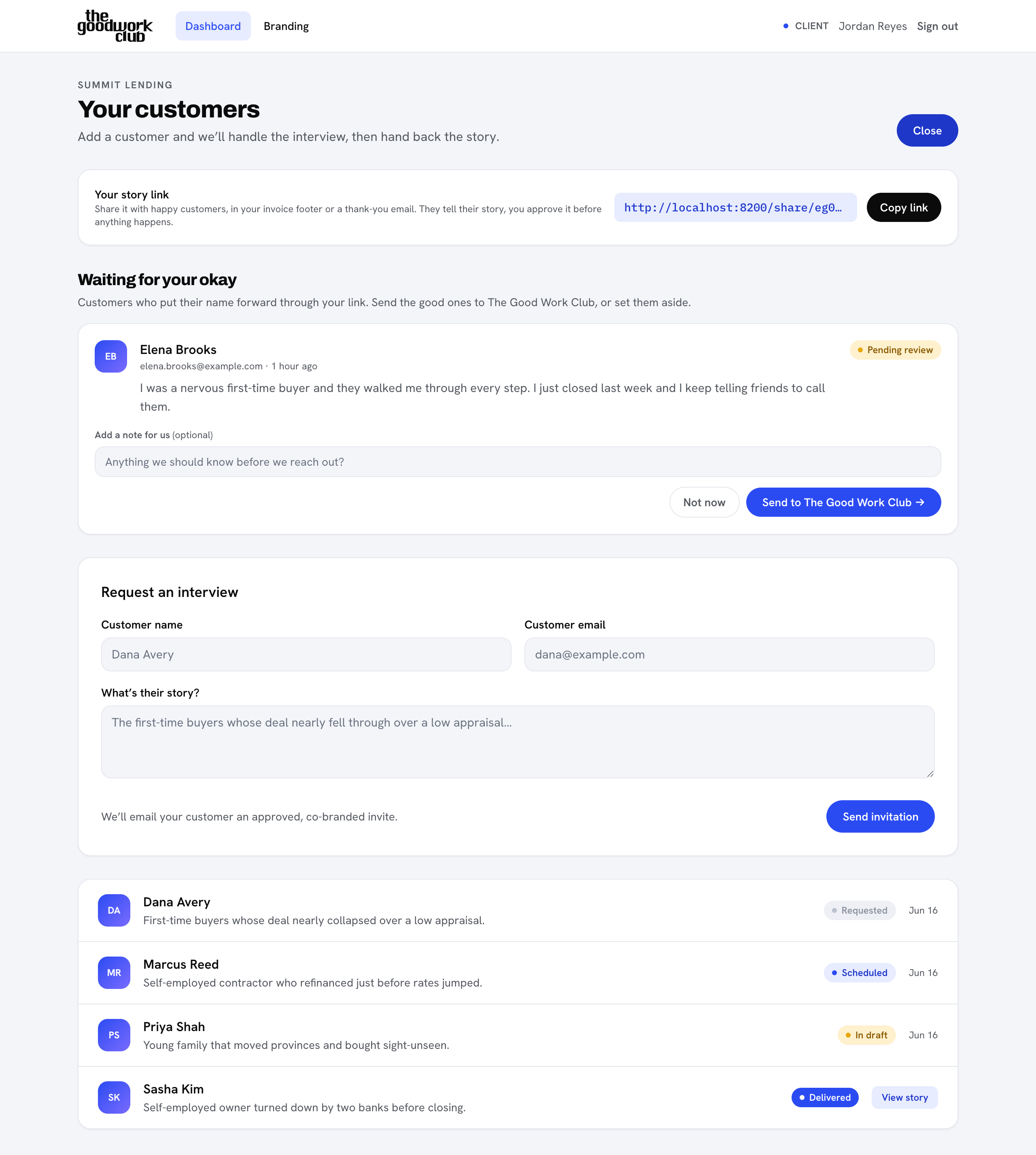 The add a customer form open on the client dashboard