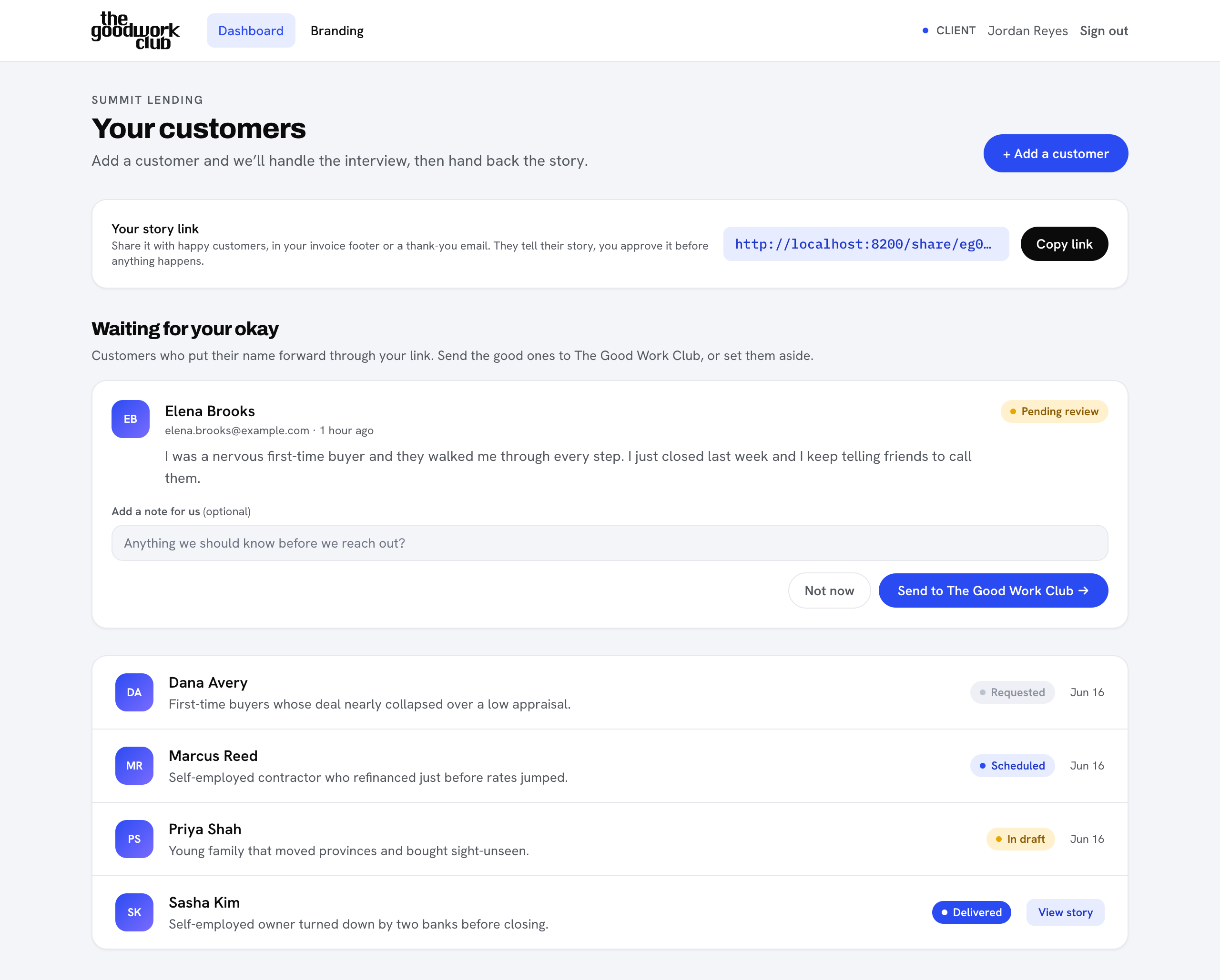 The Your customers dashboard after signing in
