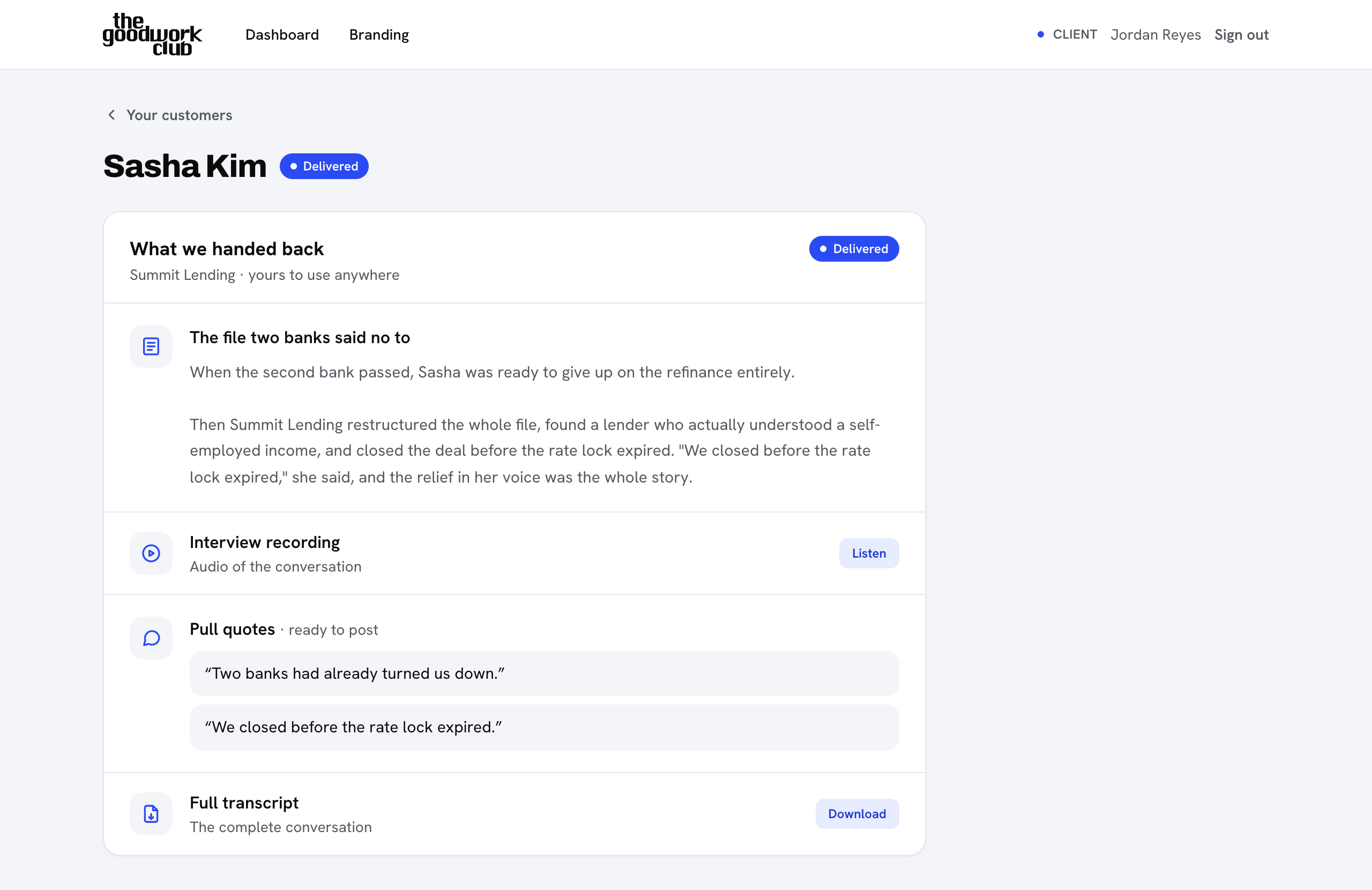 A delivered story page showing the title, body, pull quotes, and links