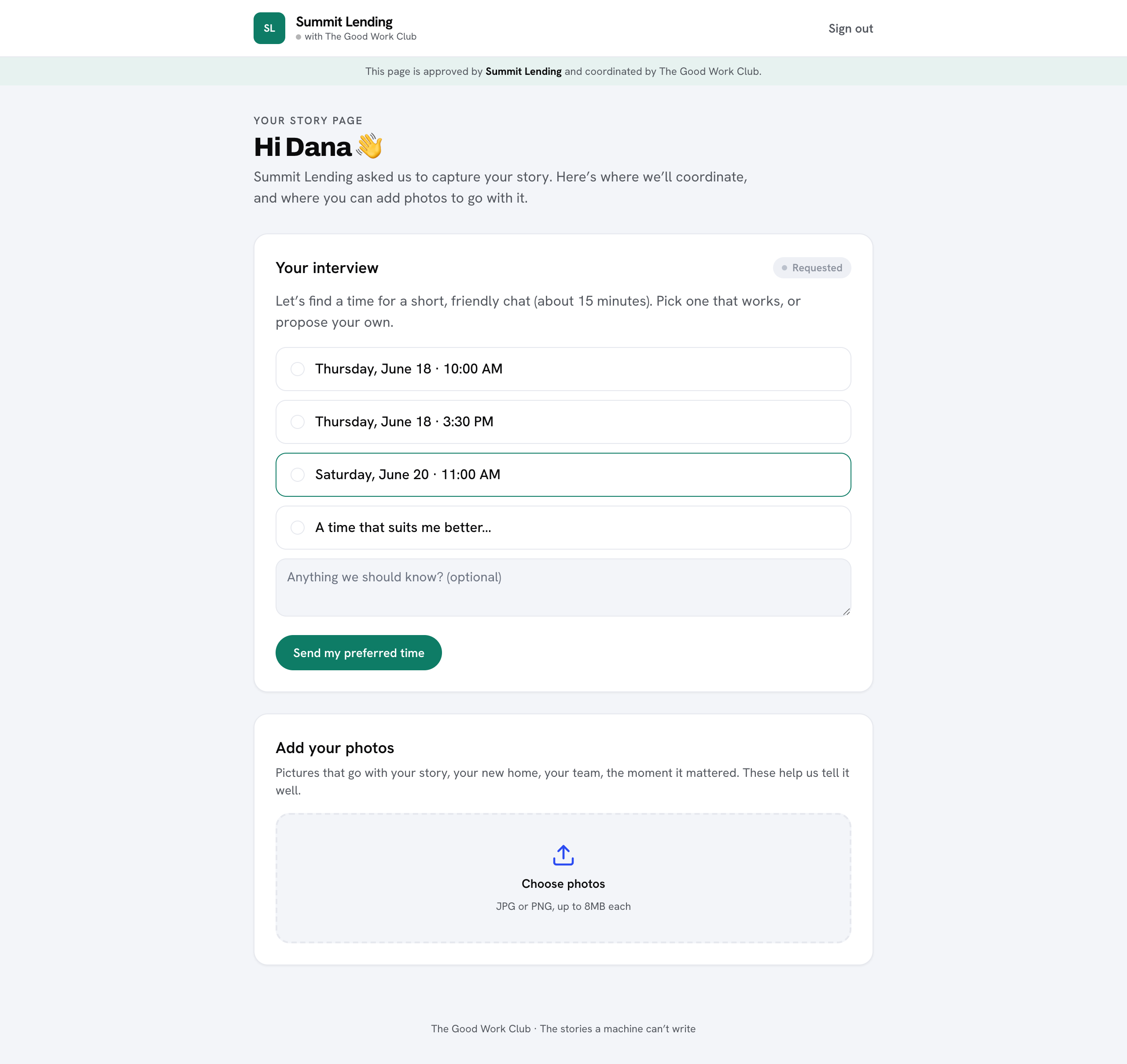 The customer scheduling page
