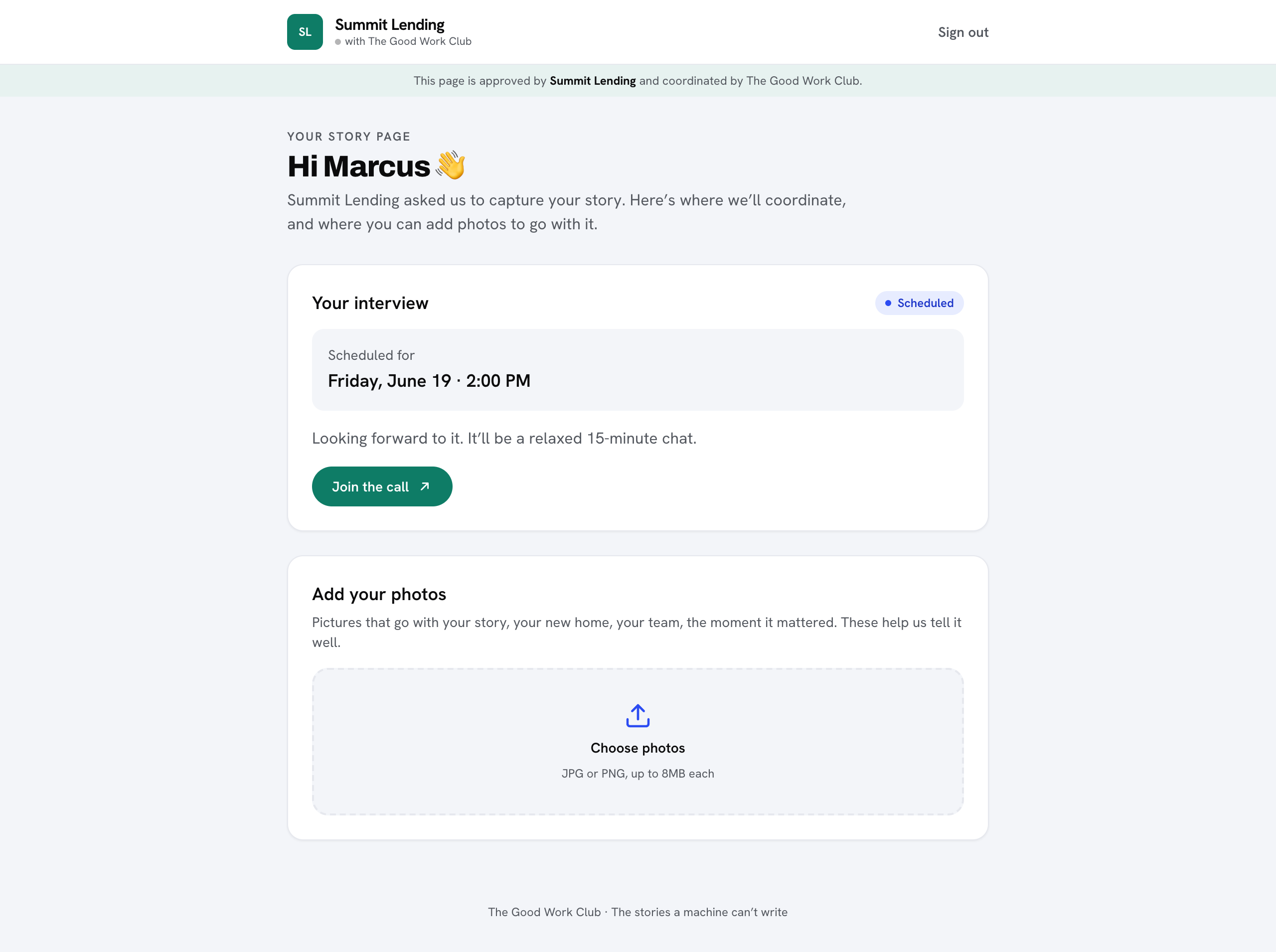 A story page showing the scheduled time and join button