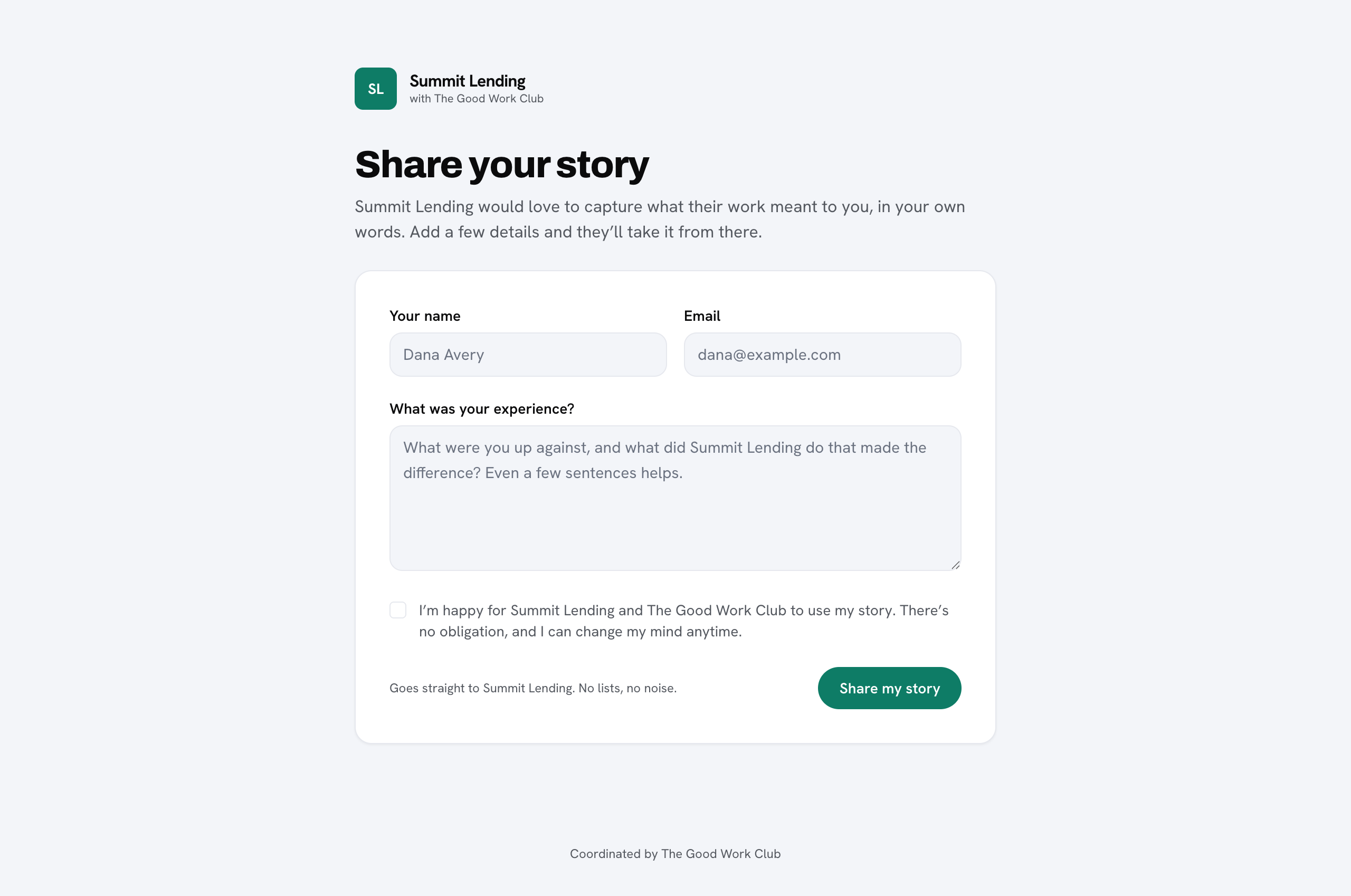 The Share your story page a customer fills in